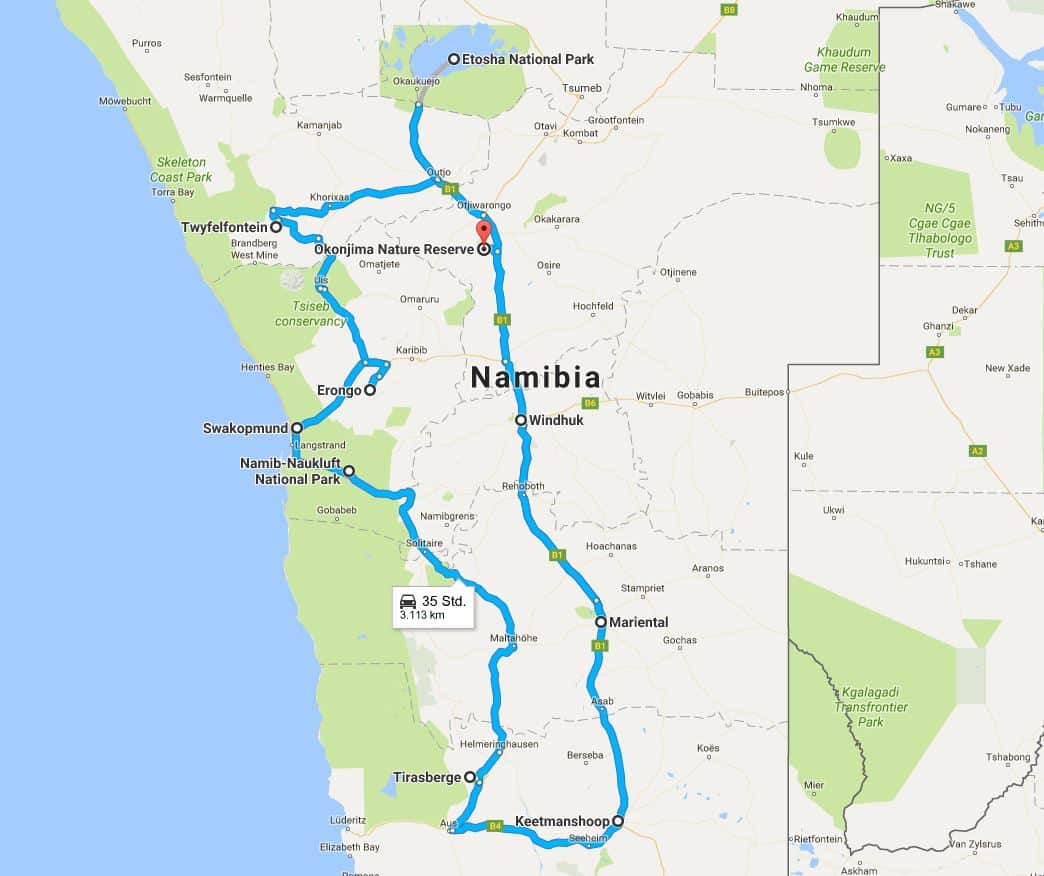 Reiseroute Namibia 