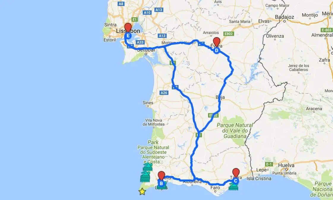 Reiseroute Portugal für 2 Wochen