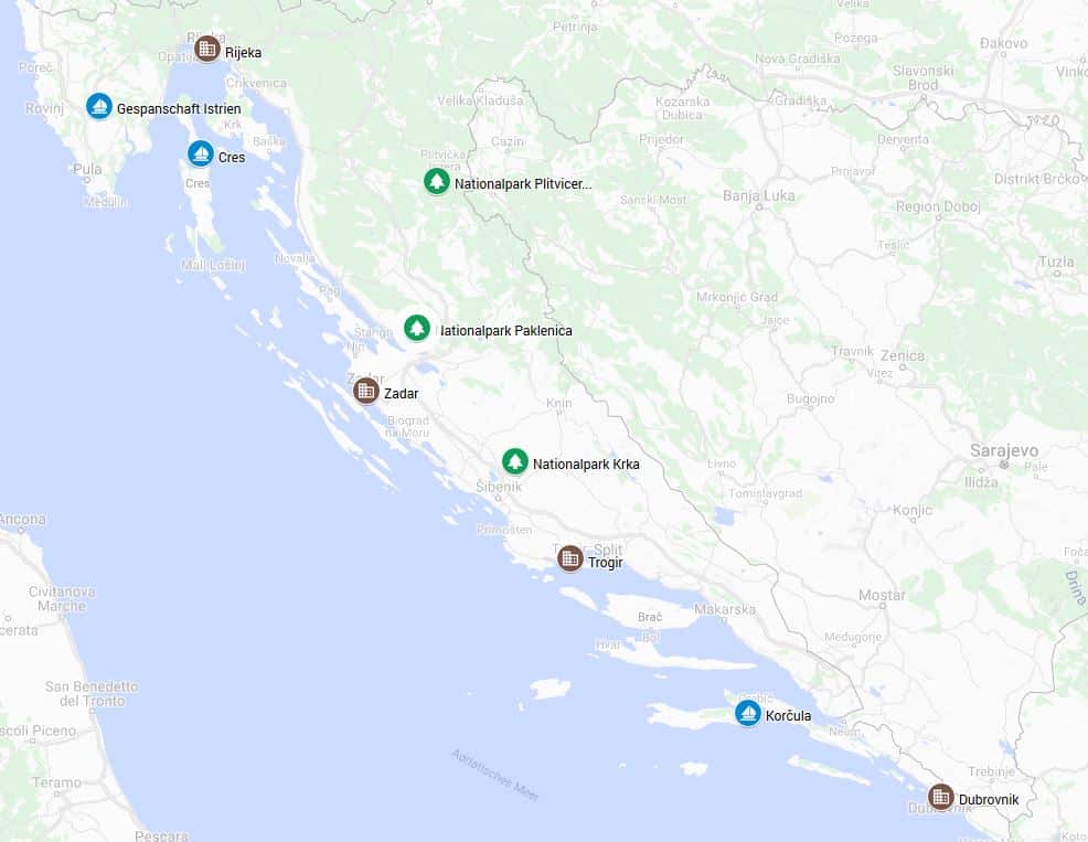 Karte schönste Reiseziele Kroatien