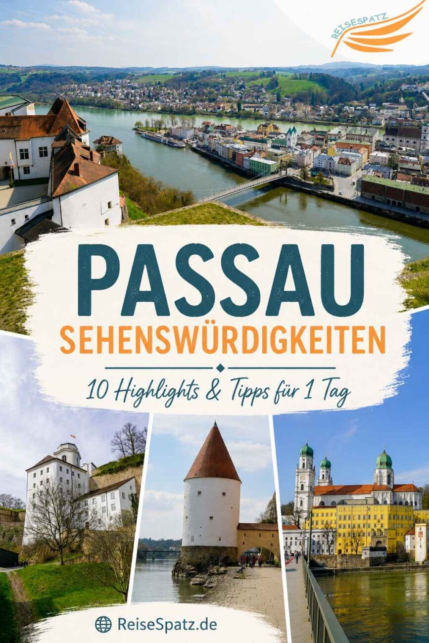 Pinterest-Grafik zu Passau Sehenswürdigkeiten mit Veste Oberhaus, Schaiblingsturm und Passauer Altstadt