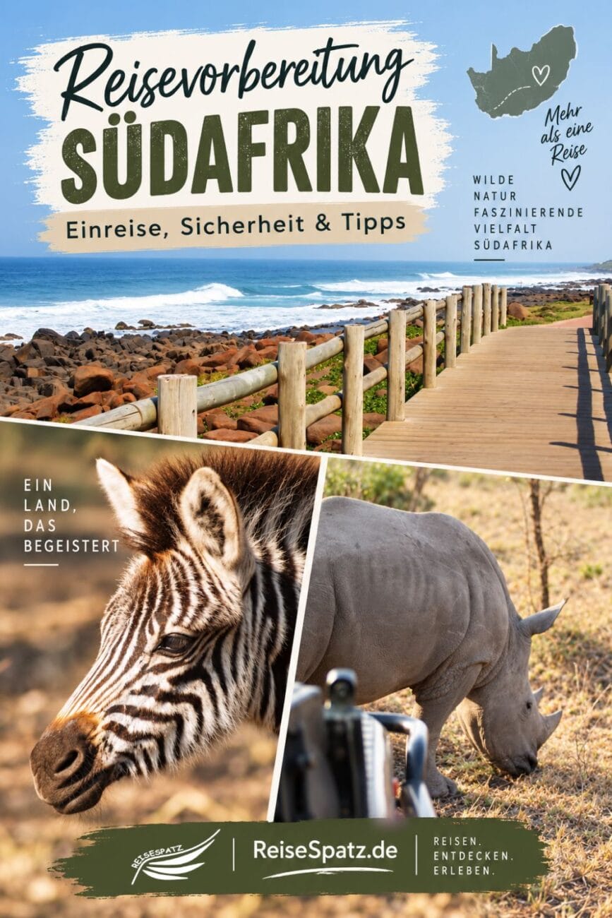 interest-Grafik zur Reisevorbereitung für Südafrika mit Zebra, Nashorn und Küste