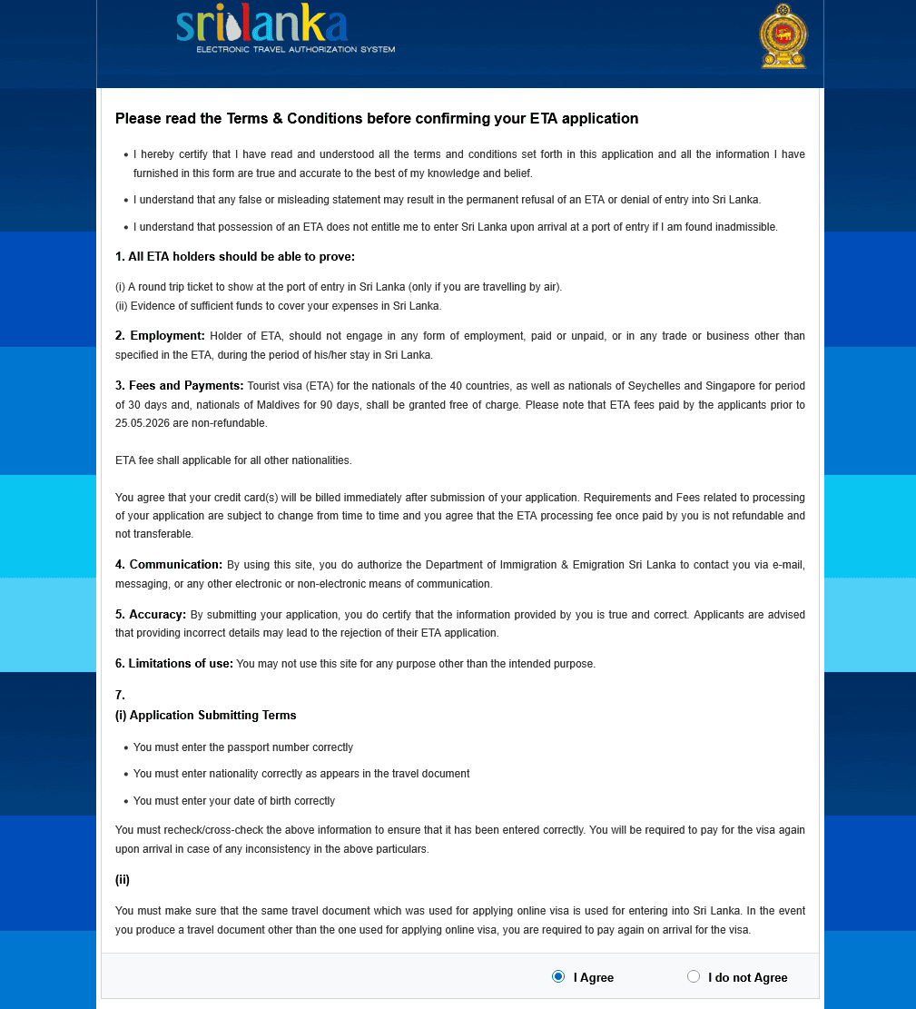 Screenshot der ETA-Bedingungen mit Auswahl „I agree“