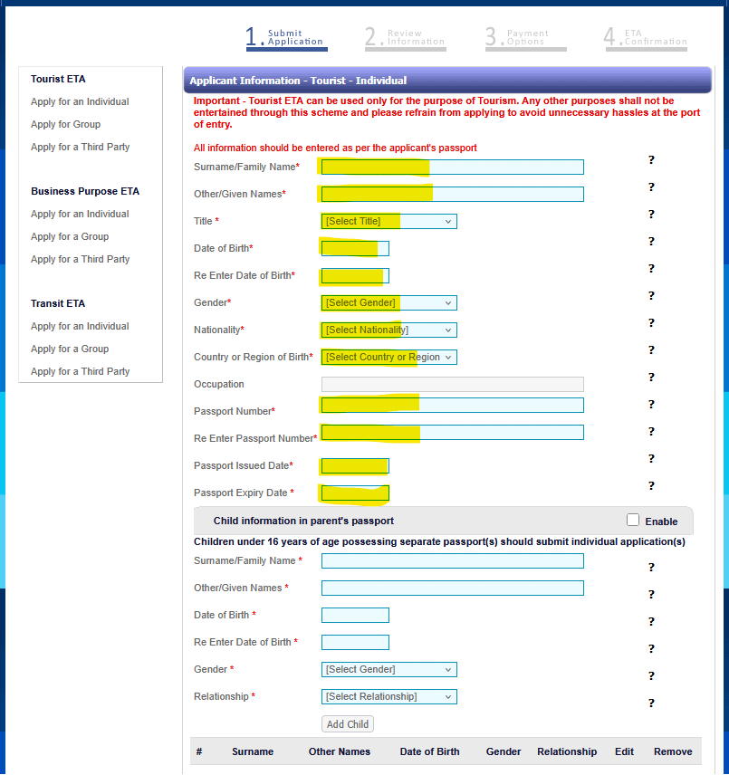 Screenshot des Sri-Lanka-ETA-Formulars mit Kontaktangaben und Unterkunftsadresse
