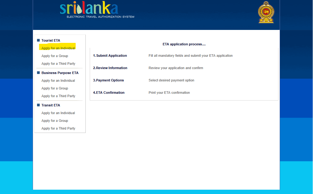 Screenshot des offiziellen Sri-Lanka-ETA-Portals mit Auswahl Tourist ETA für Einzelpersonen