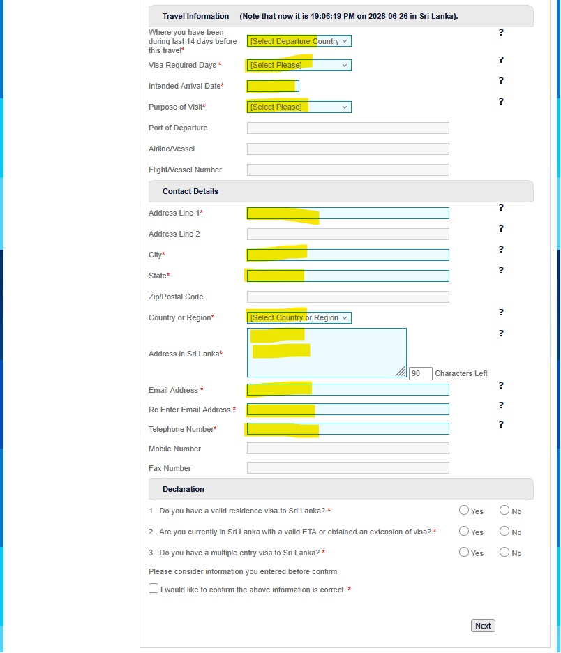 Screenshot des ETA-Formulars mit Reisedaten, Kontaktangaben und Adresse in Sri Lanka
