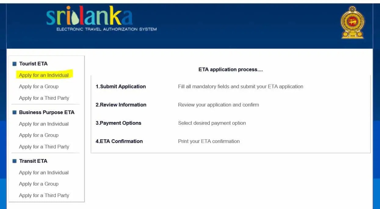 Sri Lanka Visum beantragen Screenshot