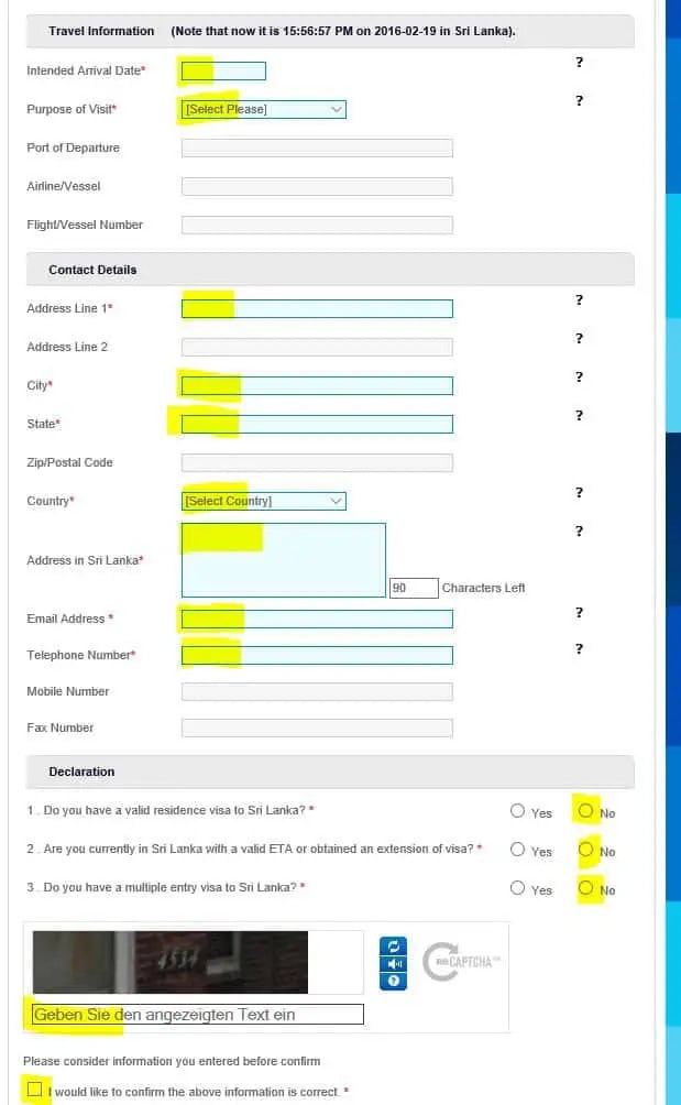 Sri Lanka Visum ausfüllen Screenshot