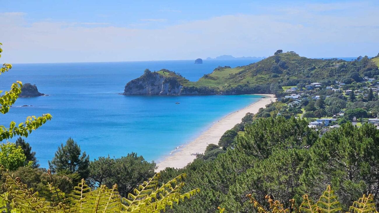 Hahei Beach aus der Vogelperspektive, Coromandel-Halbinsel, Neuseeland