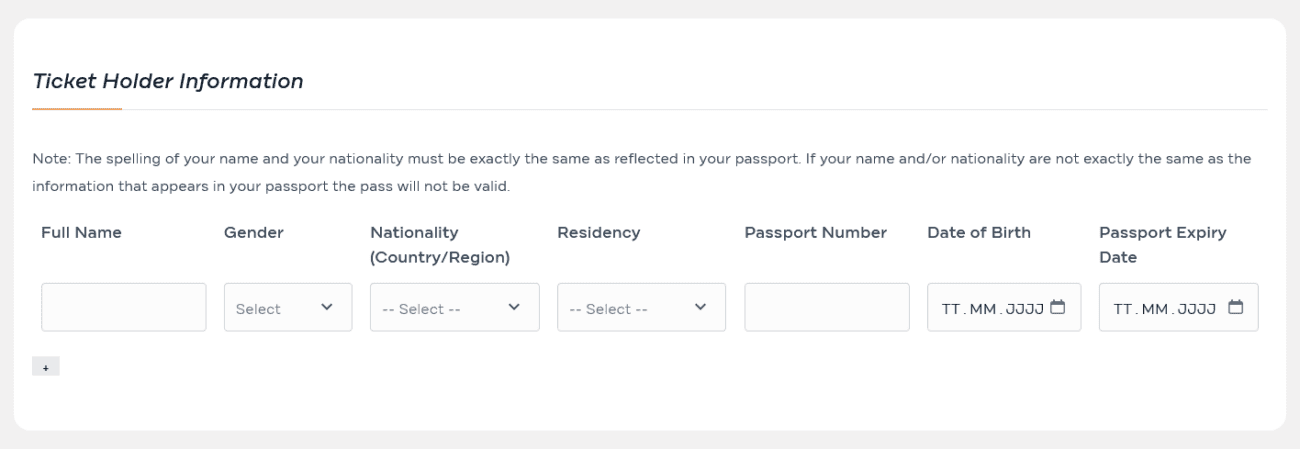 Jordan Pass kaufen: Formular für persönliche Daten der Ticketinhaber mit Name, Nationalität, Passnummer und Passgültigkeit.