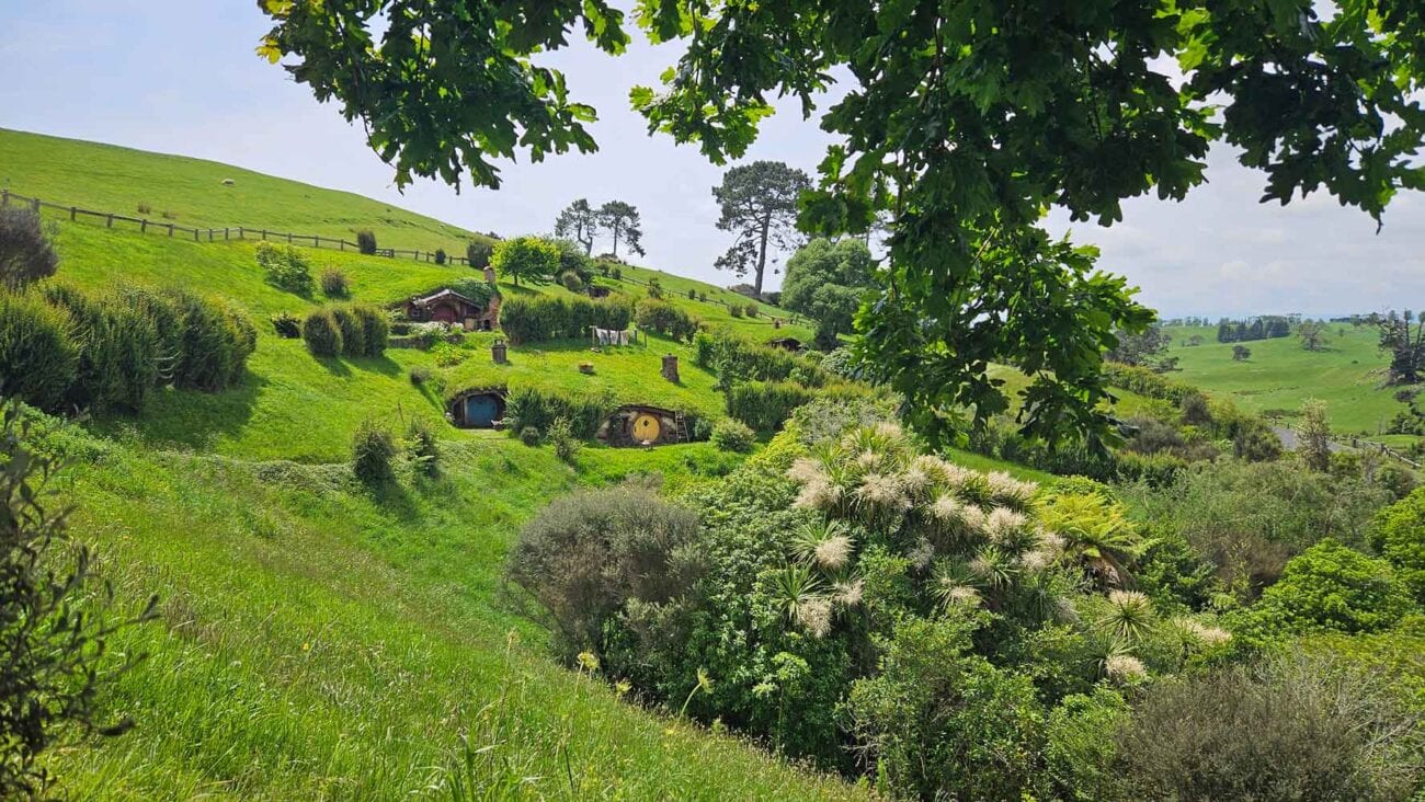 Blick über das Hobbiton Movie Set in Matamata – sanfte Hügel, grüne Wiesen und verstreute Hobbit-Häuser im Auenland.