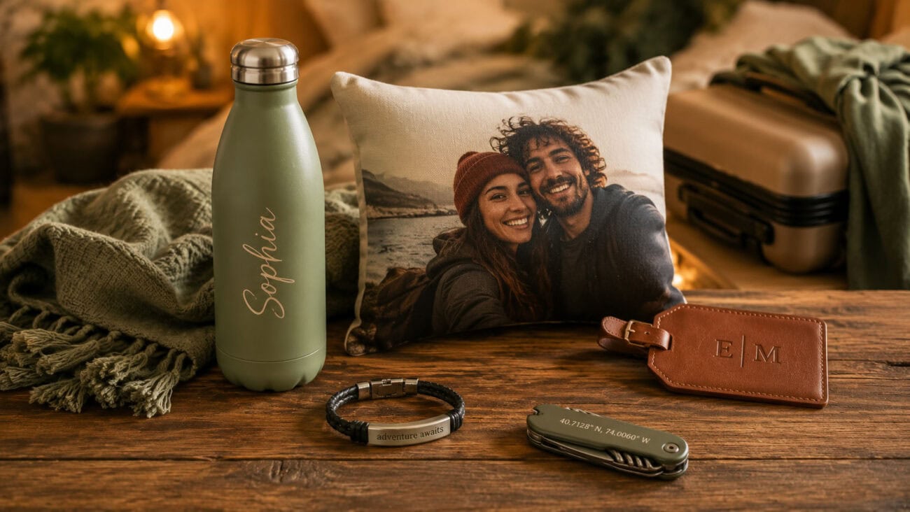 Personalisierte Reisegeschenke mit gravierter Trinkflasche, Fotokissen, Kofferanhänger, Armband und Taschenmesser