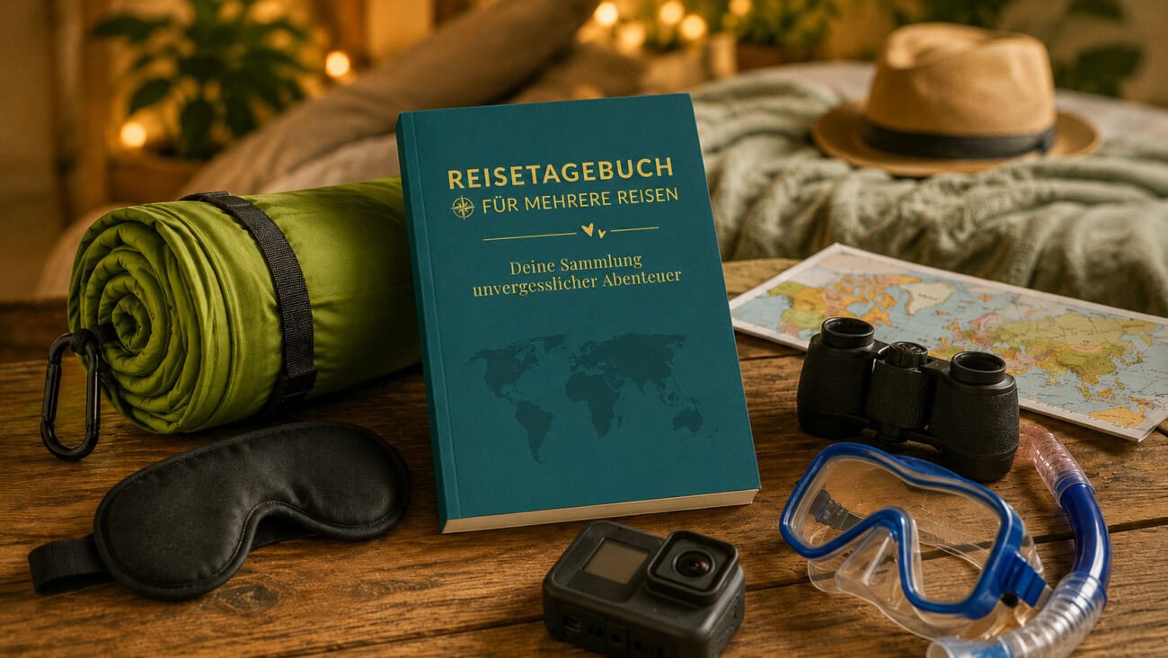 Geschenke für Vielreisende mit Reisetagebuch, Hängematte, Fernglas, Actioncam, Schnorchelset und Schlafmaske