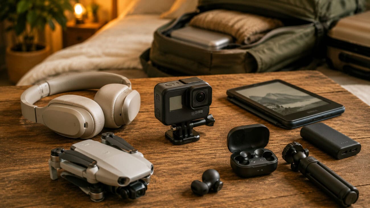 Technik-Geschenke für Reisende mit Actioncam, Drohne, E-Reader, Kopfhörern, Powerbank und Smartphone-Stativ
