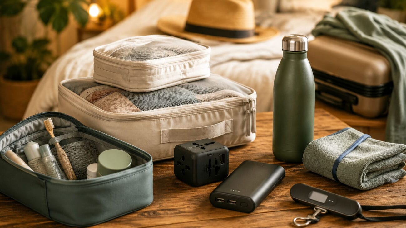 Praktische Reisegeschenke mit Packwürfeln, Kulturbeutel, Reiseadapter, Powerbank, Trinkflasche und Reisehandtuch