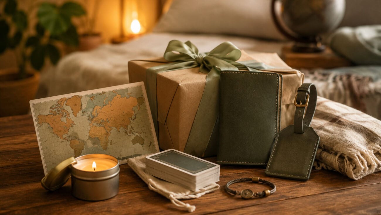 Kleine Geschenke für Reisende mit Weltkarte, Reisepasshülle, Kofferanhänger, Reise-Kartenspiel und Kerze