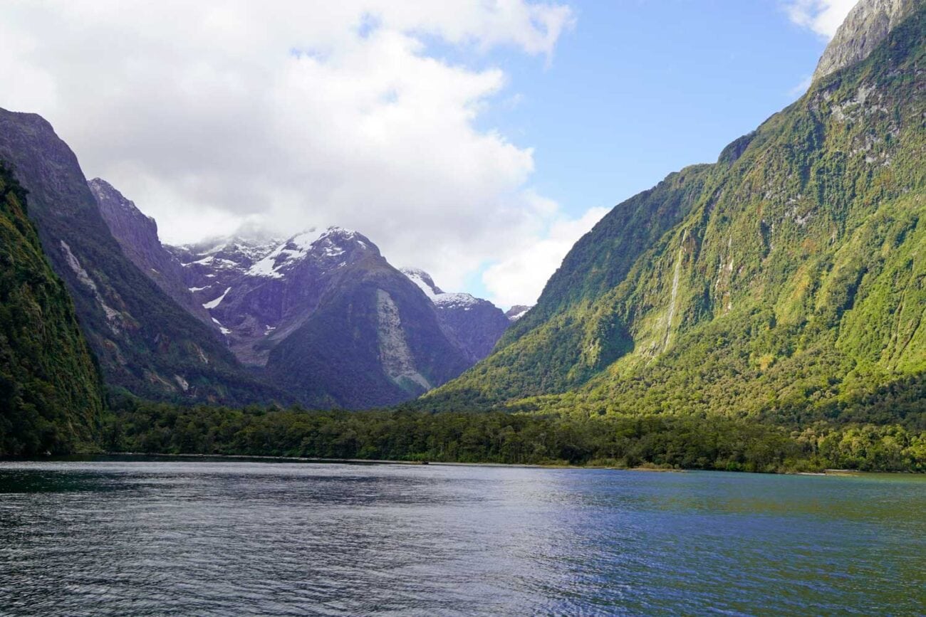 Mit dem Boot durch den Milford Sound Richtung Fjordmündung, umgeben von hohen Felswänden.