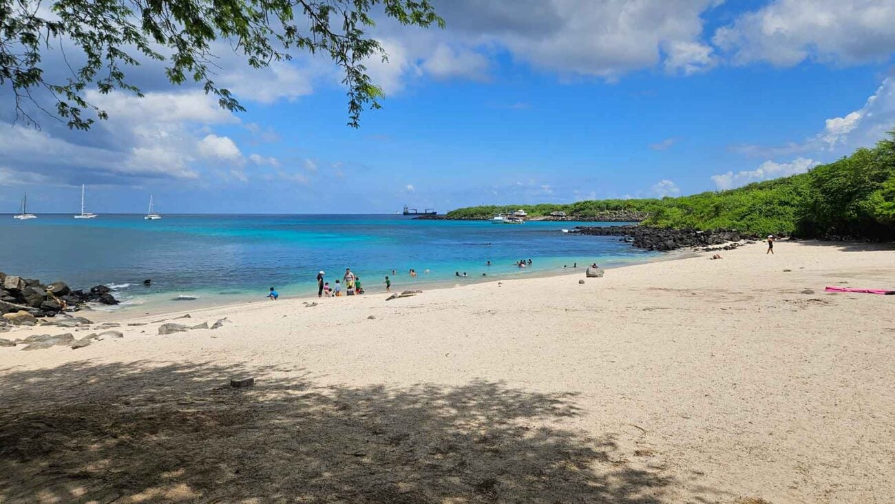 Strand Punta Carola auf San Cristóbal mit Felsen, hellem Sand und türkisblauem Wasser.